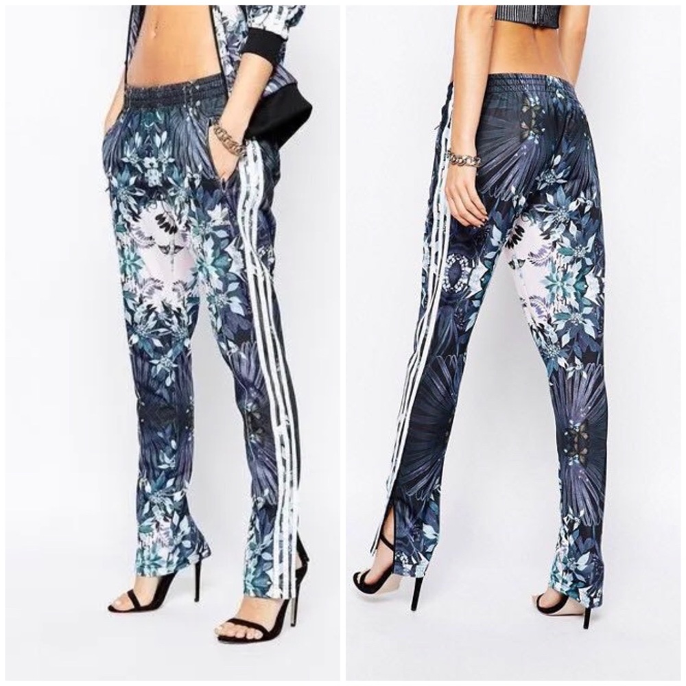 RARE Adidas Women Small White Teal Florera Ice Firebird Slim Trackpants Floral